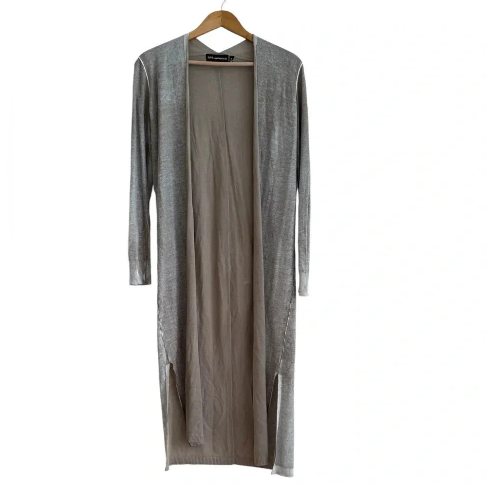 525 America Small Longline Cardigan Tan Gray Thin Knit Open Sweater